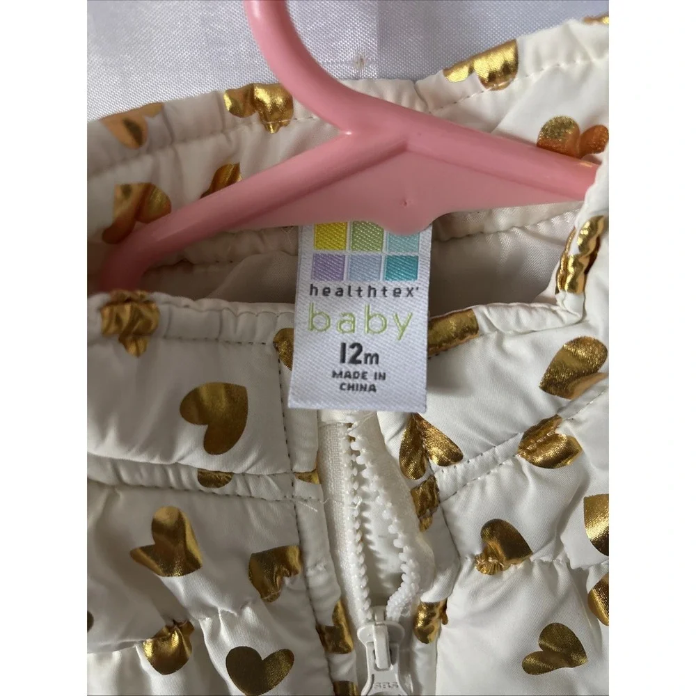 Healthtex Toddler Baby Girls‎ Puffer Vest Size 12M Ivory W/Gold Hearts NWOT